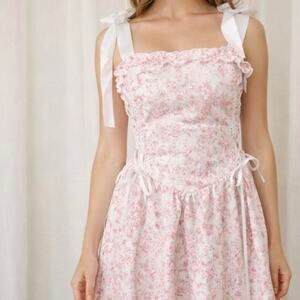 Chic Pink Floral Mini Dress with White Ribbons